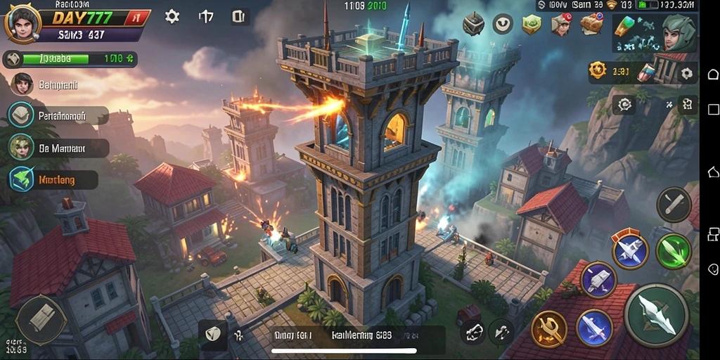 Tangkapan layar gameplay DAY777 menampilkan aksi pertahanan menara yang mendebarkan.