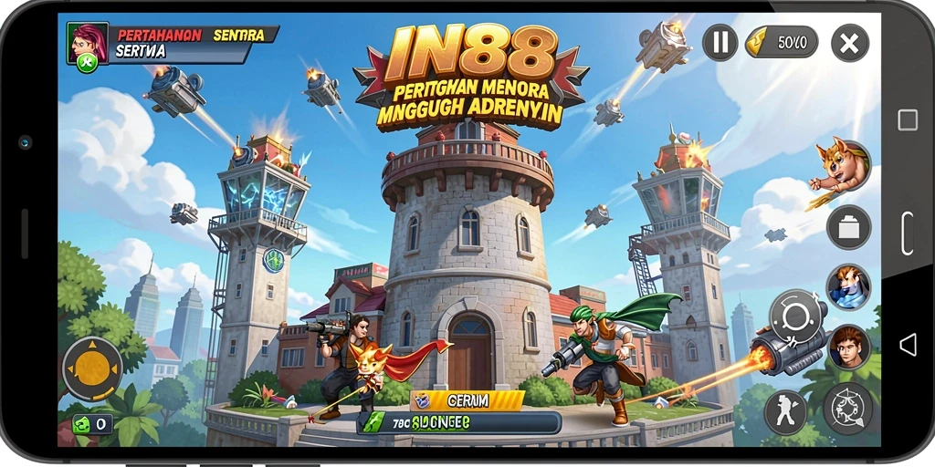 Tampilan gameplay Tower Defense yang menegangkan dan strategis di IN88.