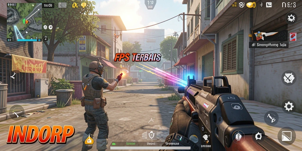 Screenshot gameplay INDORP menunjukkan aksi menembak yang intens dan grafis menakjubkan.