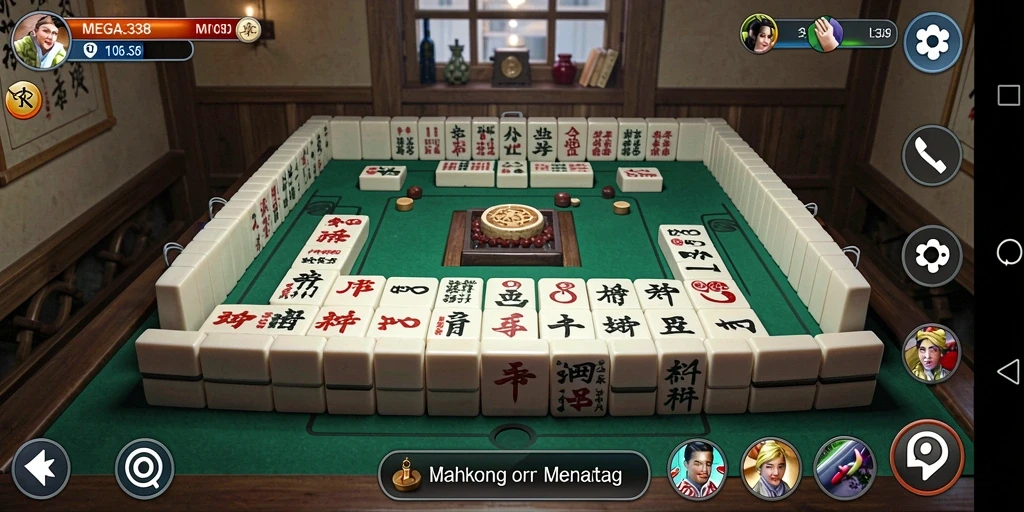 Tampilan gameplay seru MEGA338 dengan pemain bersaing di meja Mahjong.