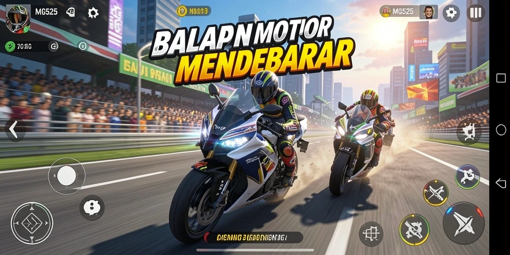 Screenshot gameplay MG525 menampilkan aksi balapan motor yang mengesankan.