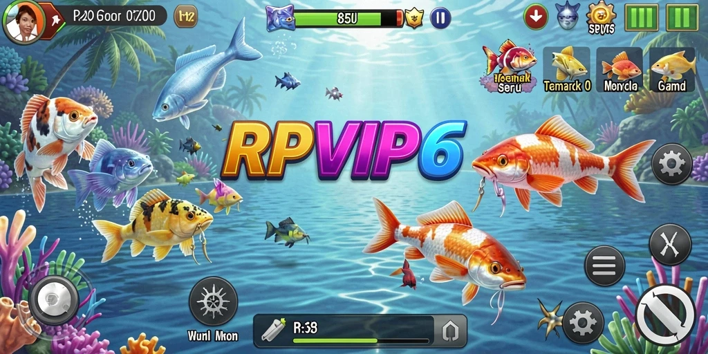 Screenshot gameplay RPVIP6 menampilkan pengambilan gambar saat menembak ikan berwarna-warni.