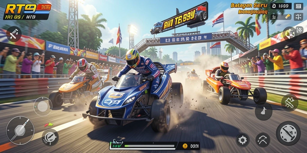 Tampilan gameplay menegangkan dalam RT99 dengan mobil balap cepat di sirkuit.