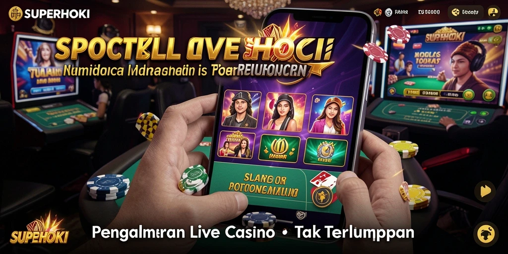 Screenshot SUPERHOKI menunjukkan dealer langsung yang menghibur dan gameplay yang seru.