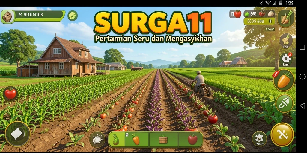Tampilan gameplay SURGA11 yang menampilkan aktivitas bertani yang menyenangkan.