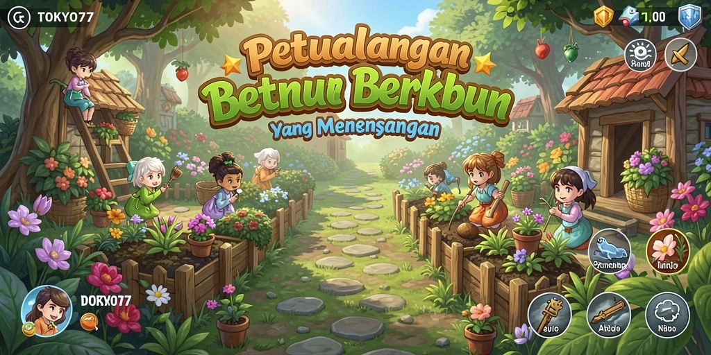 Tampilan gameplay seru di TOKYO77 dengan kebun yang subur.