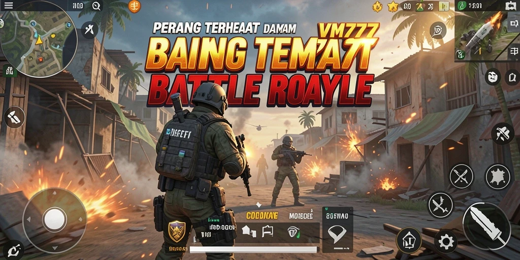 Tampilan layar permainan VM777 dalam aksi Battle Royale yang mendebarkan.